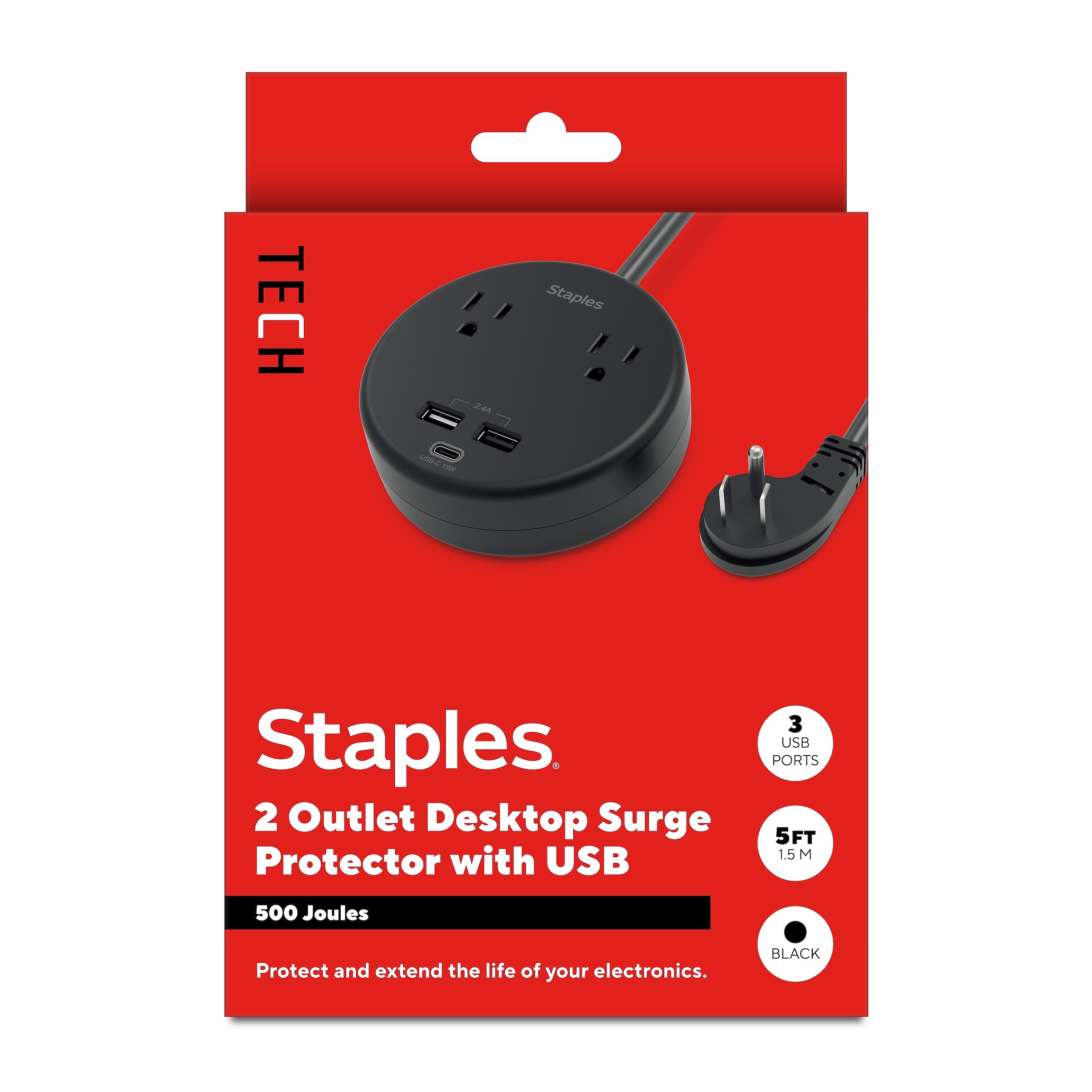 Staples TECH 2-Outlet 3-USB Port Surge Protector, 5', 500 Joules, Black (ST62772)
