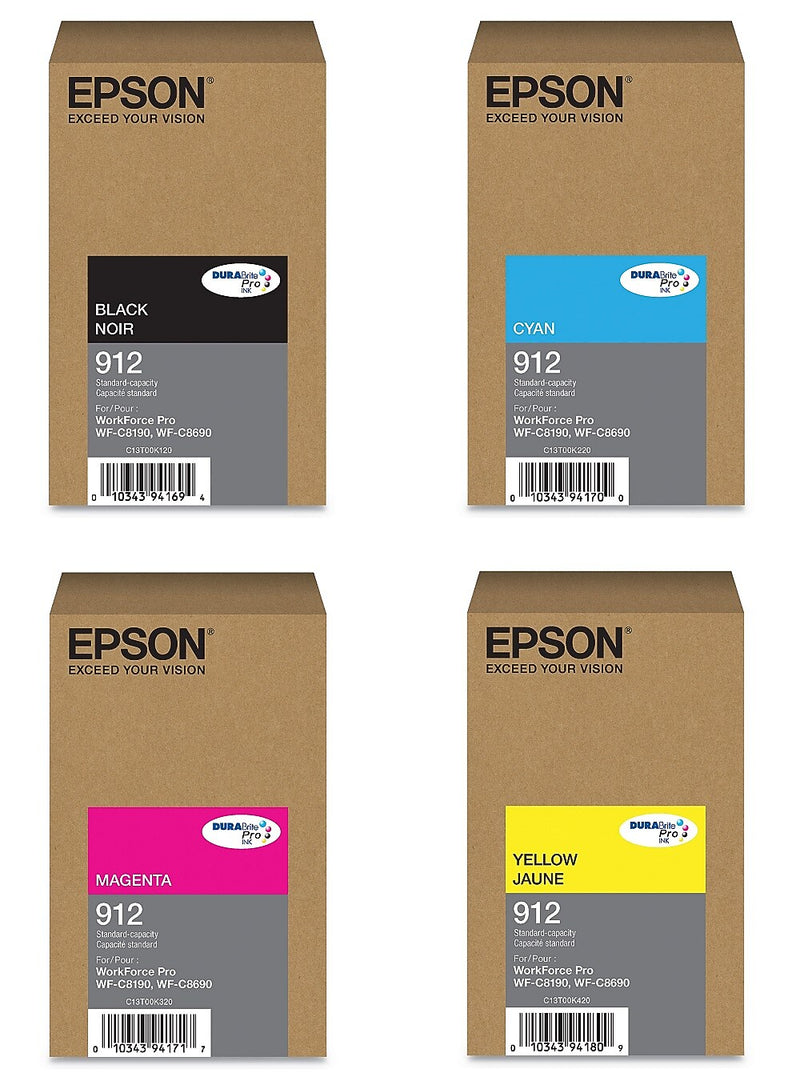 Epson T912 Black/Cyan/Magenta/Yellow Standard Yield Ink Cartridge, 4/Pack