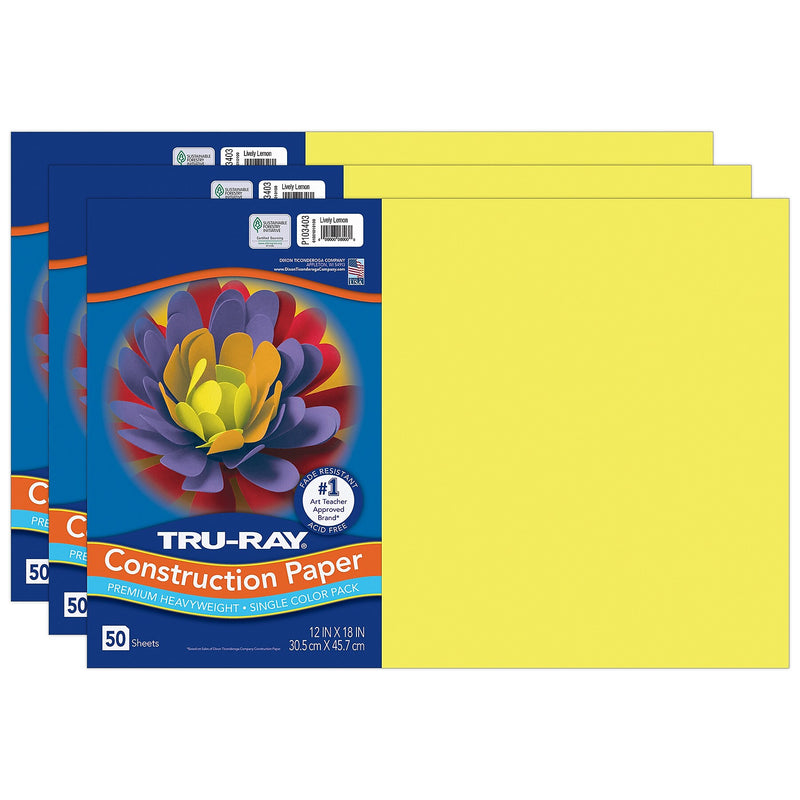 Tru-Ray 12" x 18" Construction Paper, Lively Lemon, 50 Sheets/Pack, 3 Packs/Bundle (PAC103403-3)