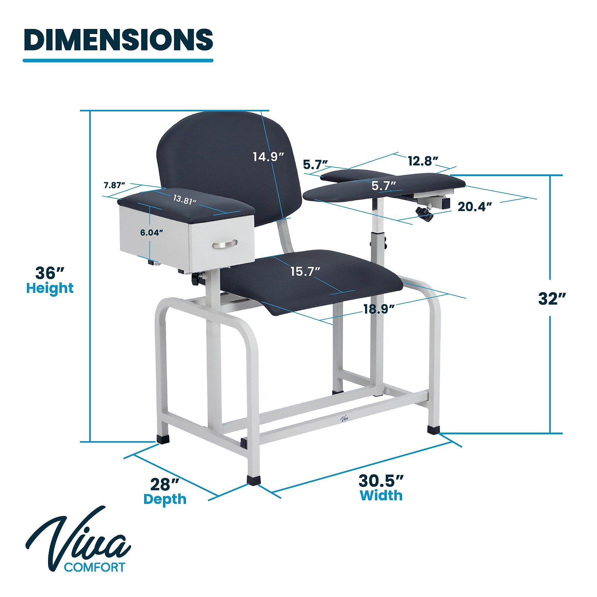 Viva Comfort Adjustable Bariatric Phlebotomy Blood Drawing Chair, 500 lbs. Capacity, Black (ADI997-01D-BLK-MK)