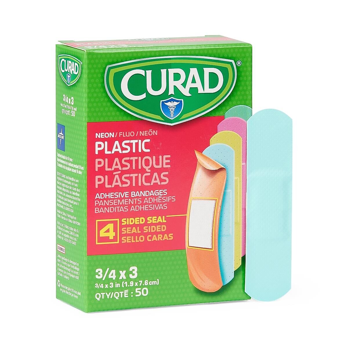 Curad  3" x  3/4" Plastic Adhesive Bandages, Neon, 50 Bandages/Box, 24 Boxes/Case (NON256131)