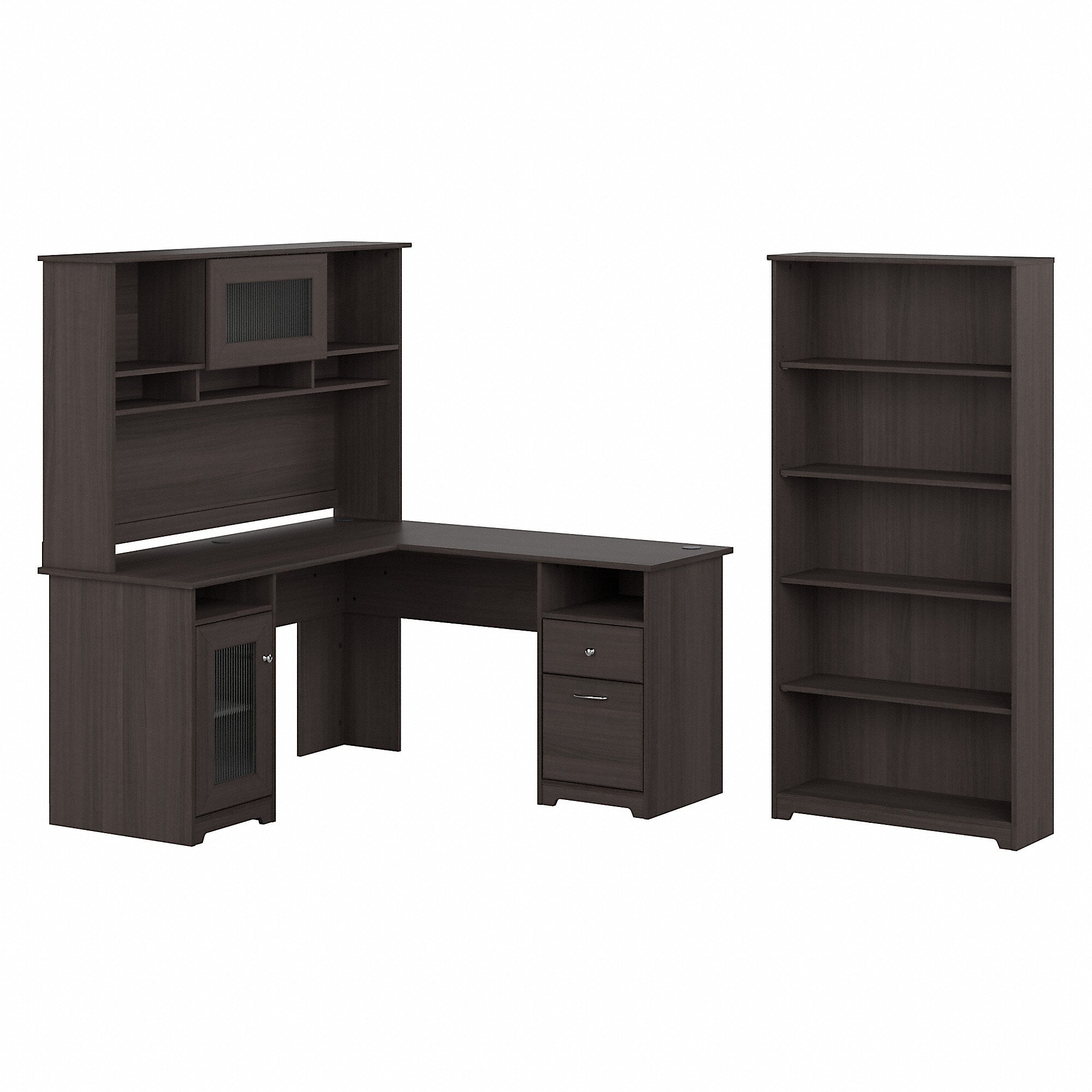 Bush Furniture Cabot 60"W L Shaped Computer Desk with Hutch and 5 Shelf Bookcase, Heather Gray (CAB011HRG)