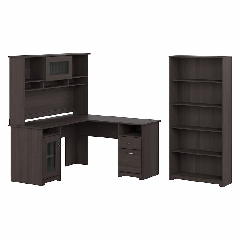 Bush Furniture Cabot 60"W L Shaped Computer Desk with Hutch and 5 Shelf Bookcase, Heather Gray (CAB011HRG)