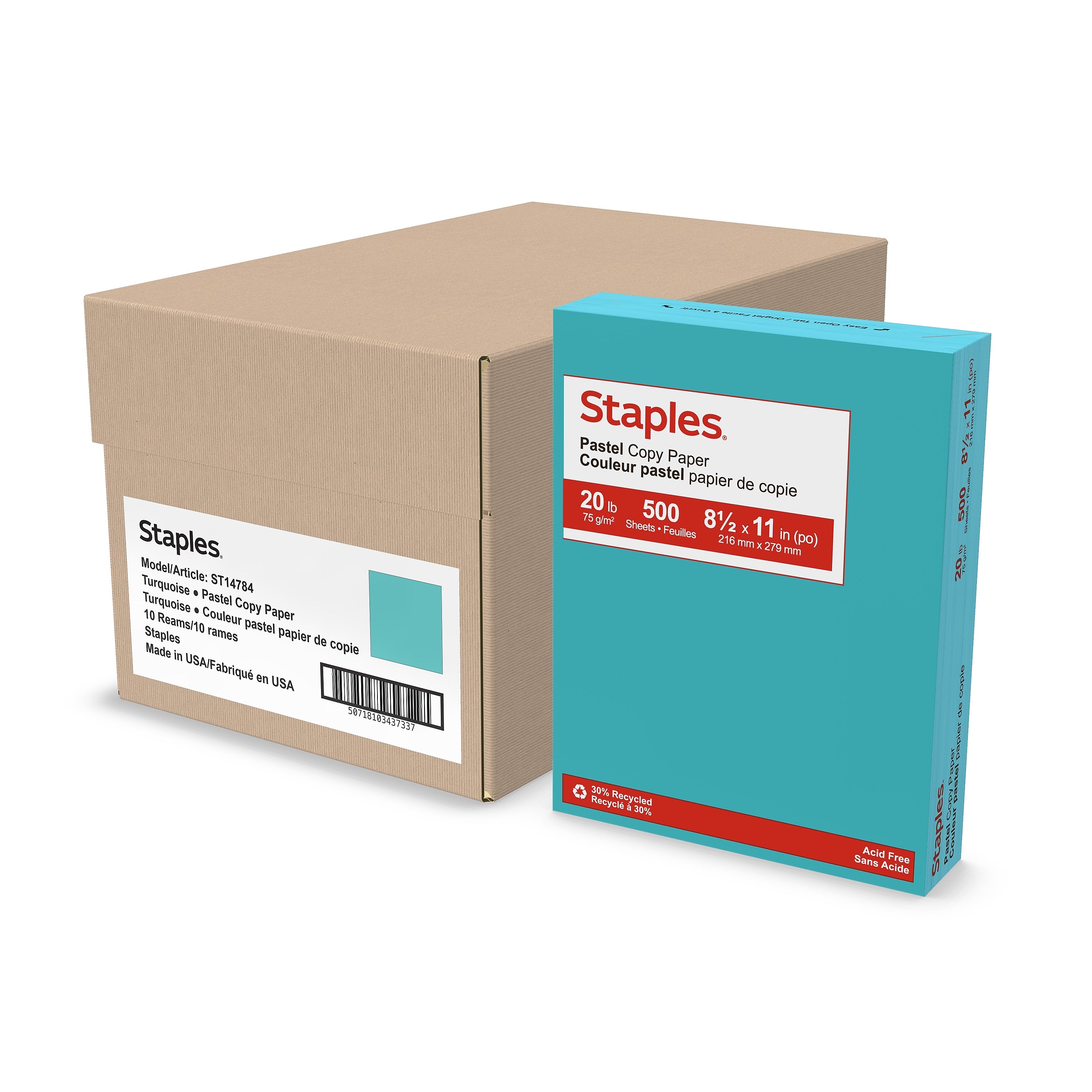Staples Pastel 30% Recycled Color Copy Paper, 20 lbs., 8.5" x 11", Turquoise, 500 Sheets/Ream, 10 Reams/Carton (4141)