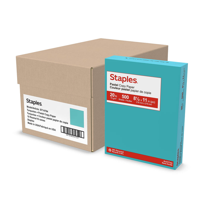 Staples Pastel 30% Recycled Color Copy Paper, 20 lbs., 8.5" x 11", Turquoise, 500 Sheets/Ream, 10 Reams/Carton (4141)