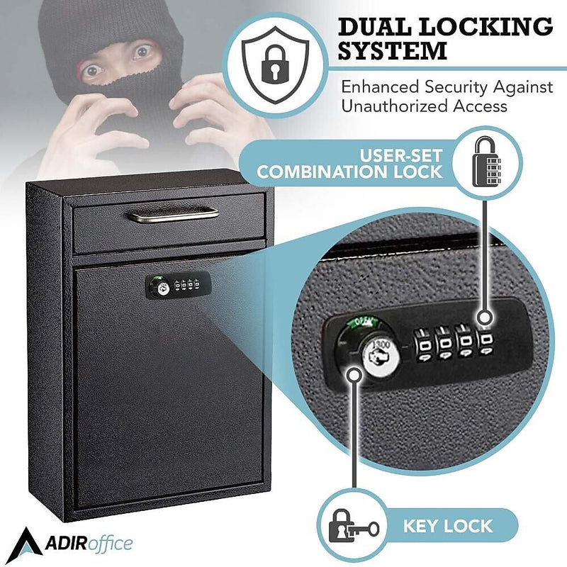 AdirOffice Steel Locking Wall Mounted Drop Box Interoffice Mailbox with Key and Combination Lock , Black (631-04-BLK-KC-PKG)