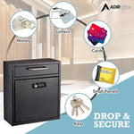 AdirOffice Steel Combination Locking Wall Mounted Interoffice Drop Box Mailbox, Medium, Black (631-05-BLK-KCPK)