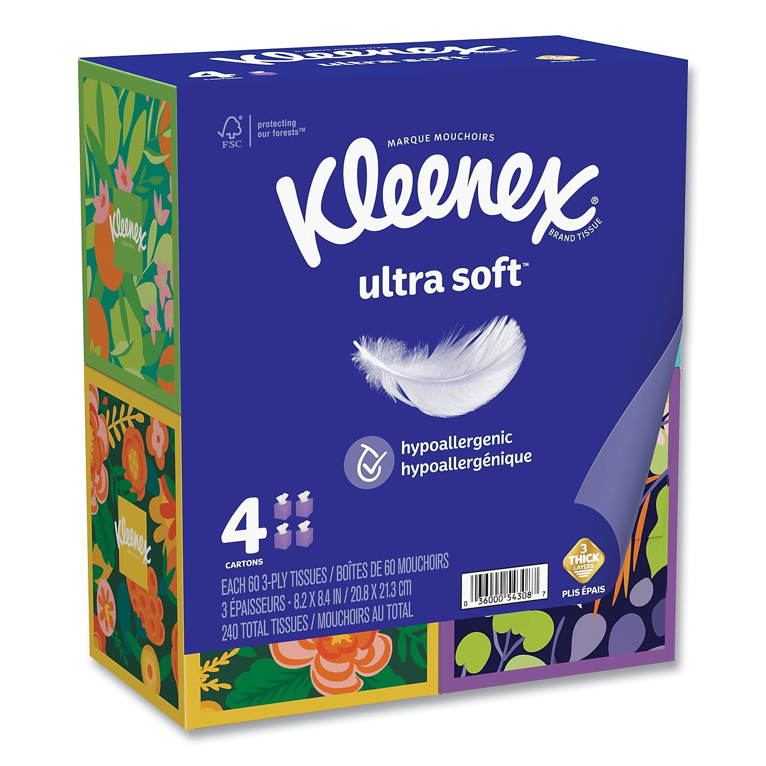 Kleenex Ultra Soft Facial Tissue, 3-Ply, 60 Tissues/Box, 4 Boxes/Pack, 12 Packs/Carton (54308)
