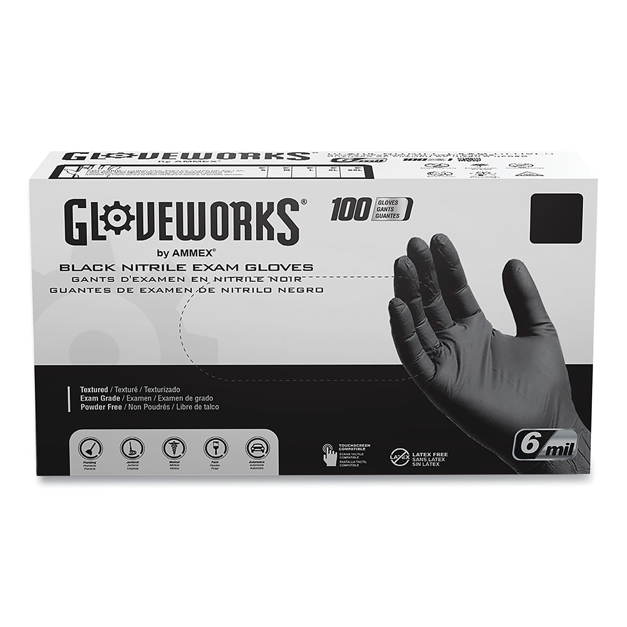 GloveWorks by AMMEX Nitrile Exam Gloves, Powder-Free, 6 mil, Medium, Black 100 Gloves/Box, 10 Boxes/Carton