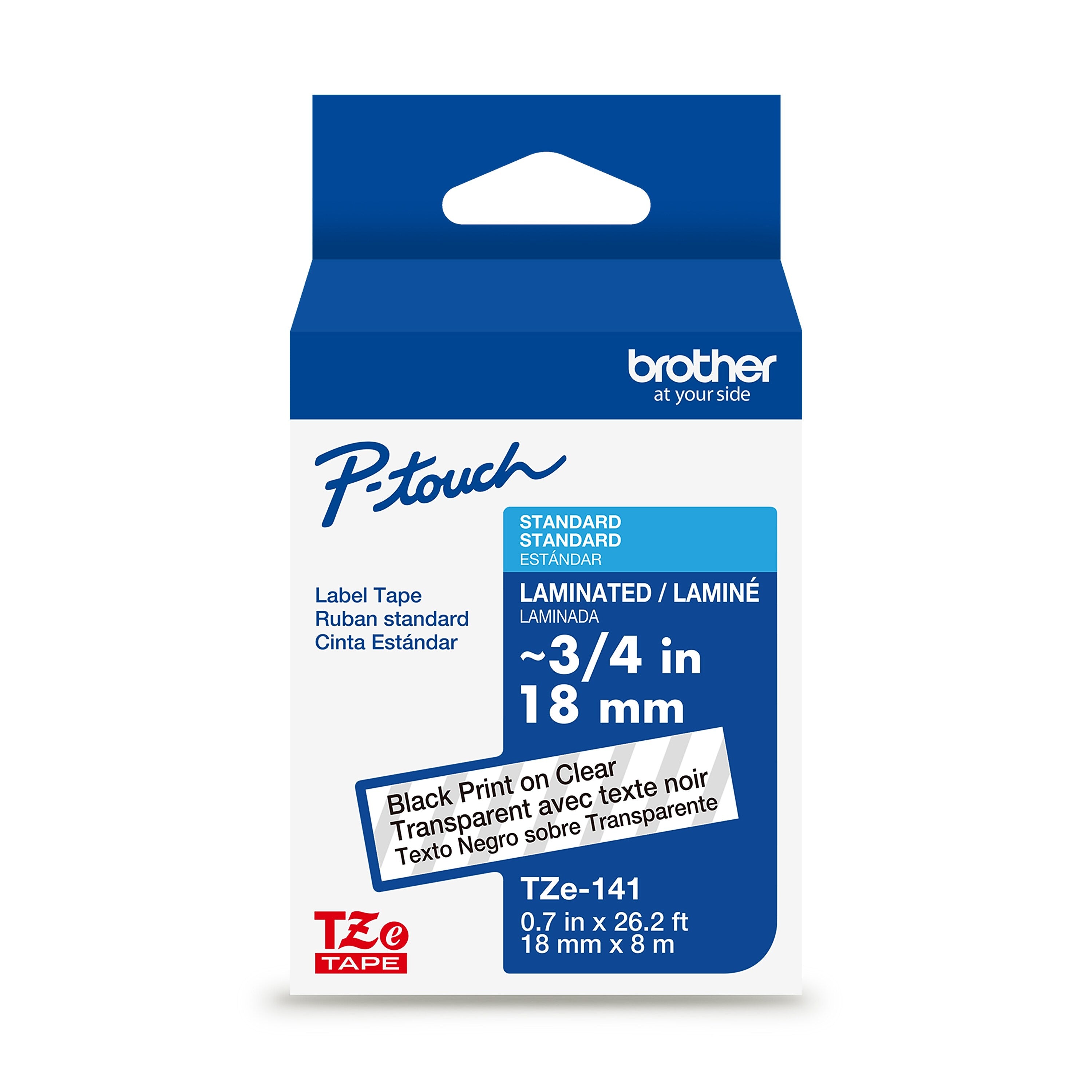 Brother P-touch Laminated Label Tape, ~3/4" x 26.2', Black on Clear (TZe141)