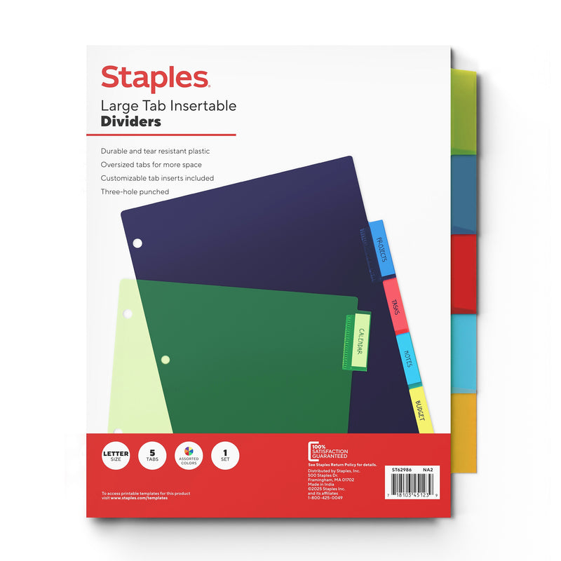 Staples Customizable Table of Contents Numeric Dividers, 5-Tabs, Multicolor (ST62986)