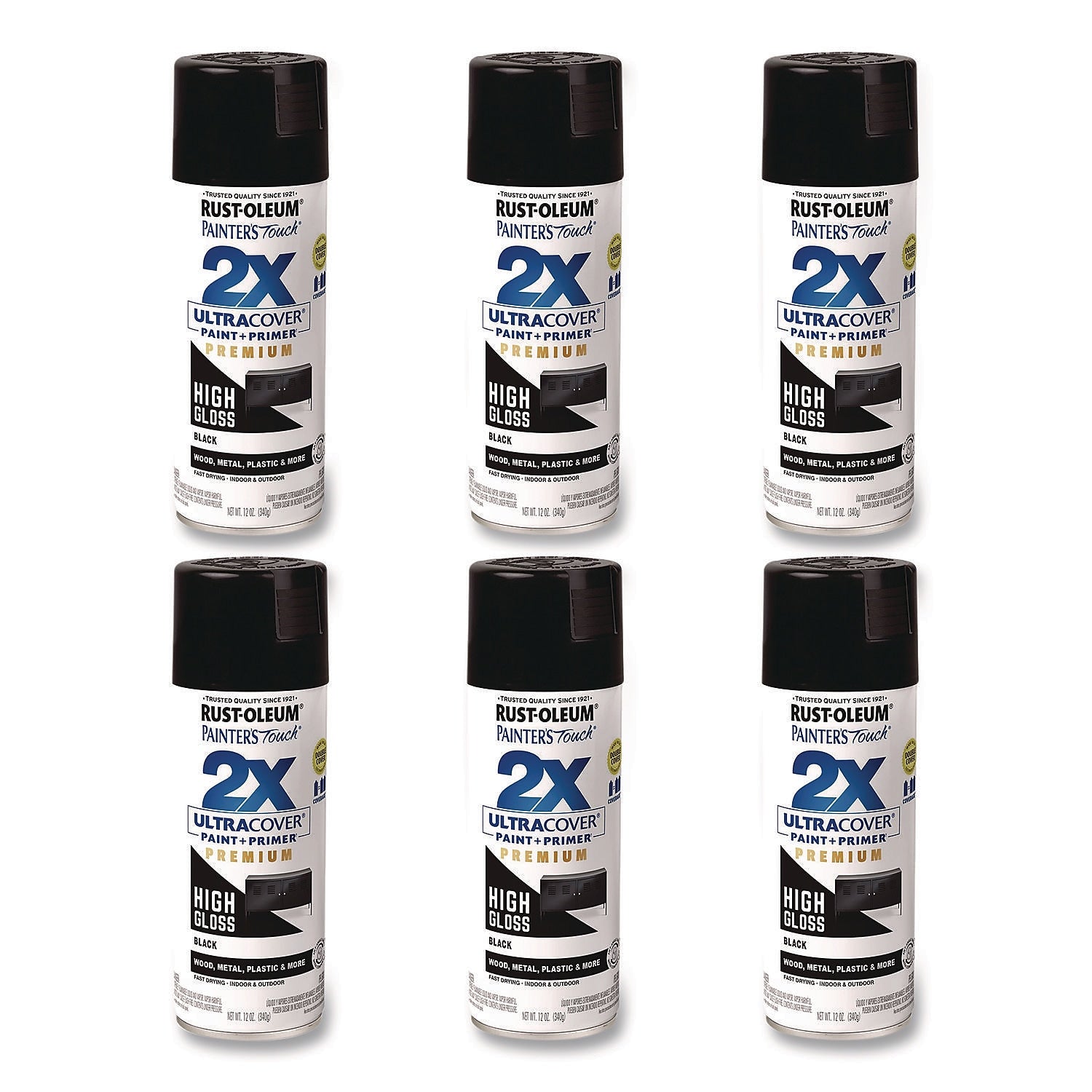 Rust-Oleum Painter's Touch 2X Ultra Cover Spray Paint, Black, 12 oz., 6/Carton (331172)