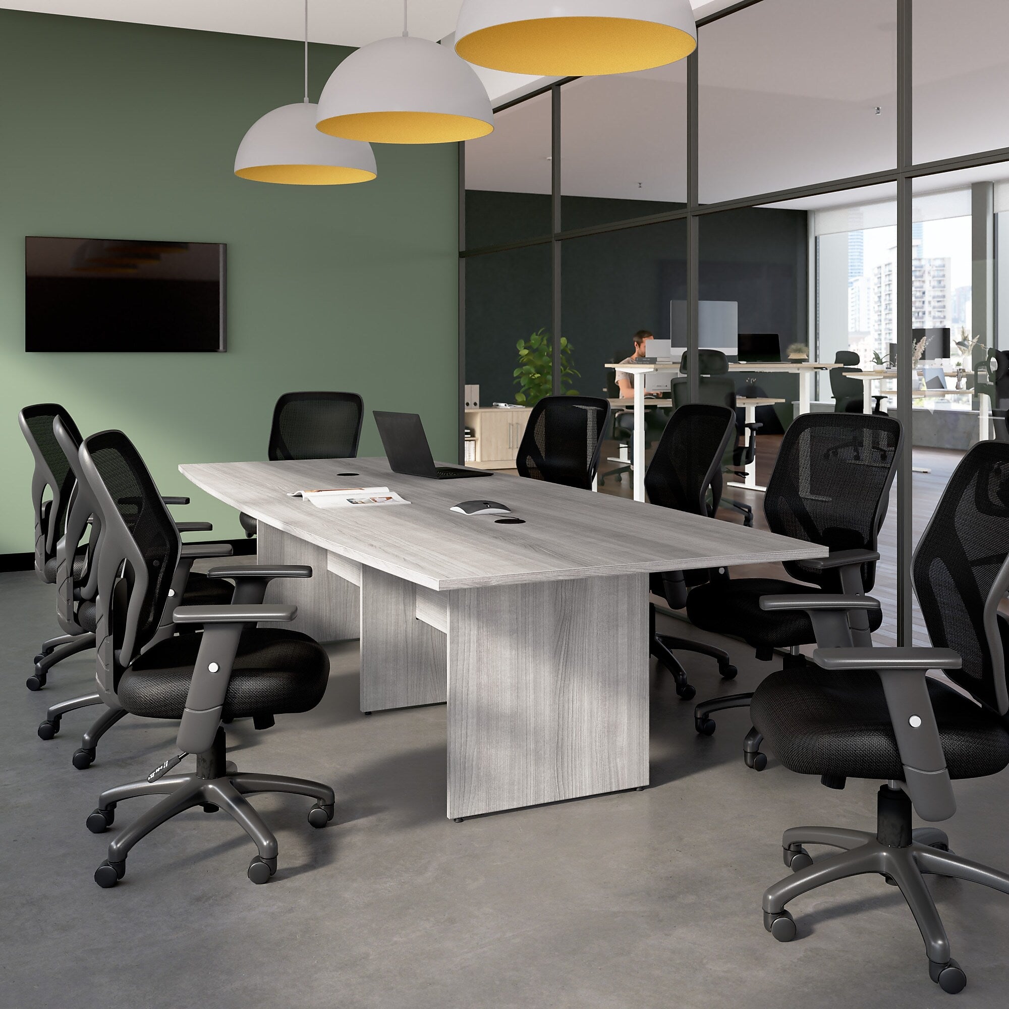 Bush Business Furniture 120W x 48D Boat Shaped Conference Table with Wood Base, Platinum Gray (99TB12048PGK)