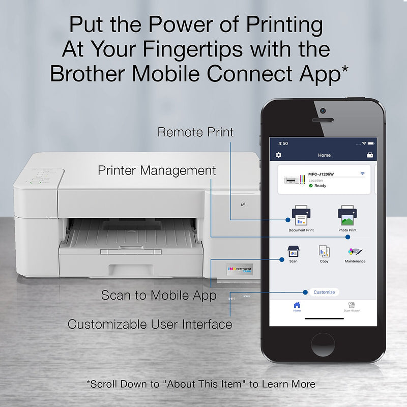 Brother INKvestment Tank MFC-J1205W Wireless Color Inkjet Printer, All-In-One Supertank, Print, Scan, Copy