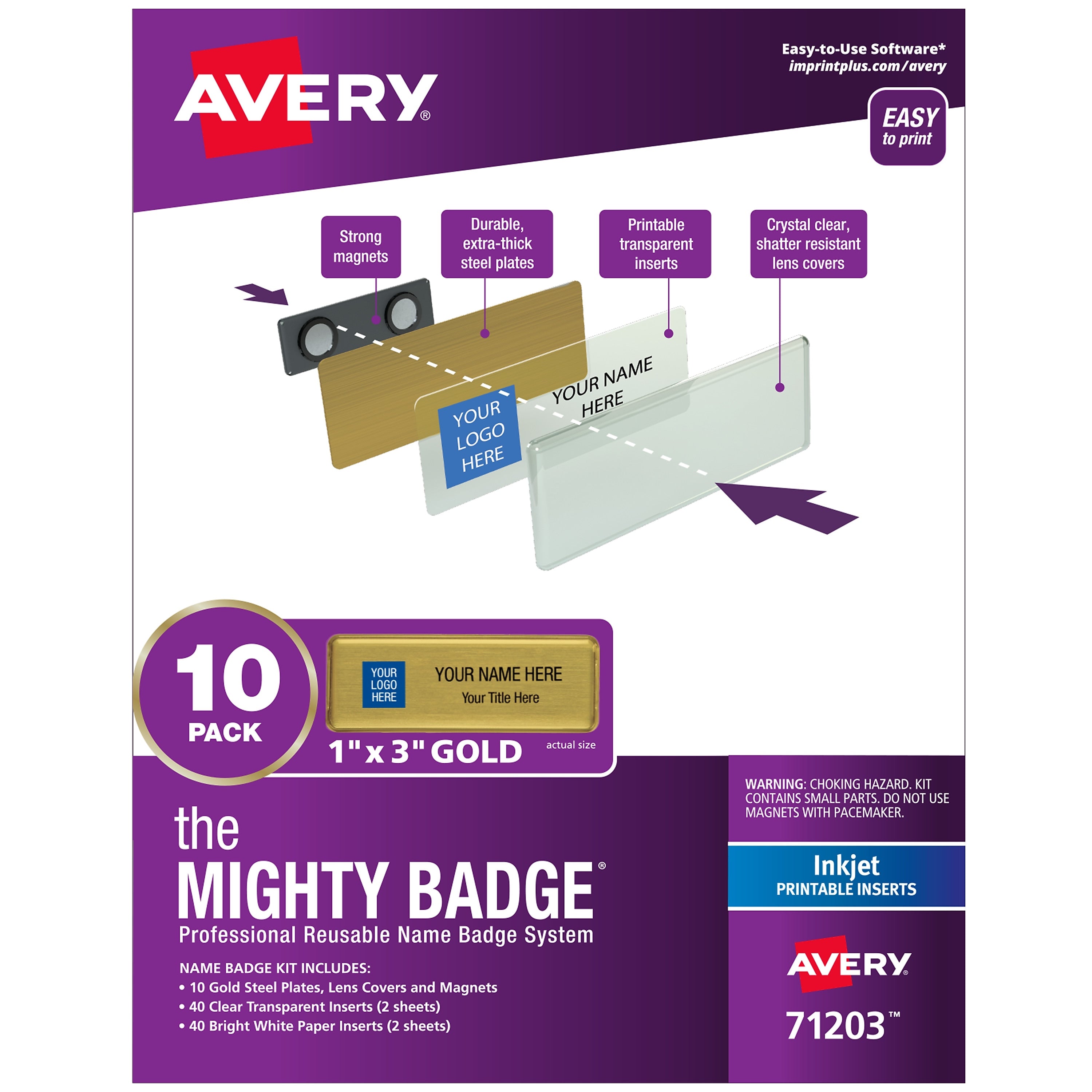 Avery The Mighty Badge Inkjet Reusable  Magnetic Name Badge System, 1" x 3", Gold, 80 Inserts, 10/Pack (71203)