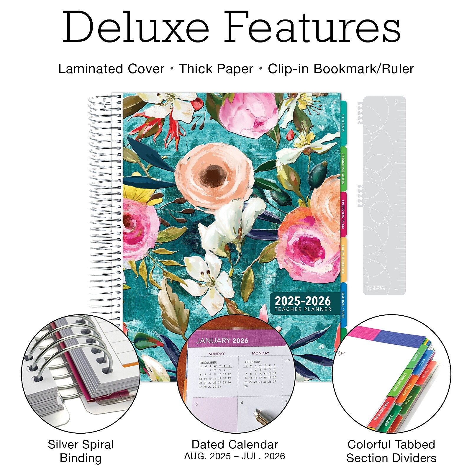 2025-2026 Global Printed Products Deluxe Teal Floral 8.5" x 11" Academic Weekly & Monthly Teacher Planner, Plastic Cover