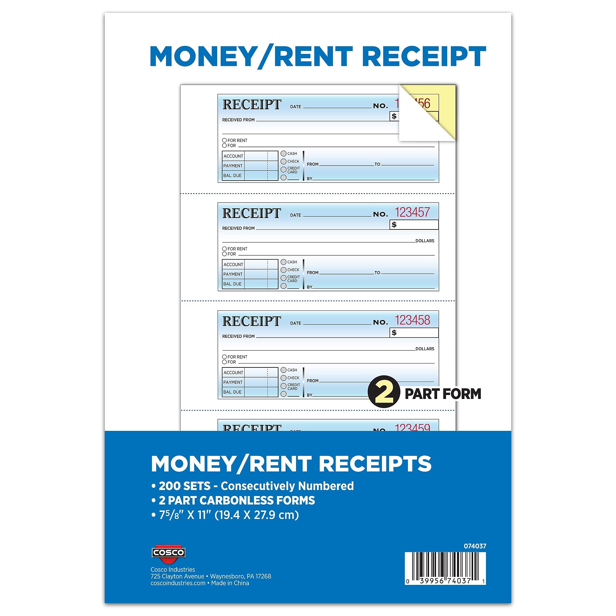 Cosco 2-Part Carbonless Receipts, 7.63" x 11", 200 Sets/Book (074037PK2)
