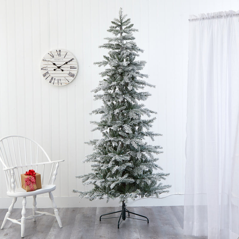 Nearly Natural 7.5-ft Slim Flocked Nova Scotia Spruce Artificial Christmas Tree with 450 Warm White LED Lights (T1856)