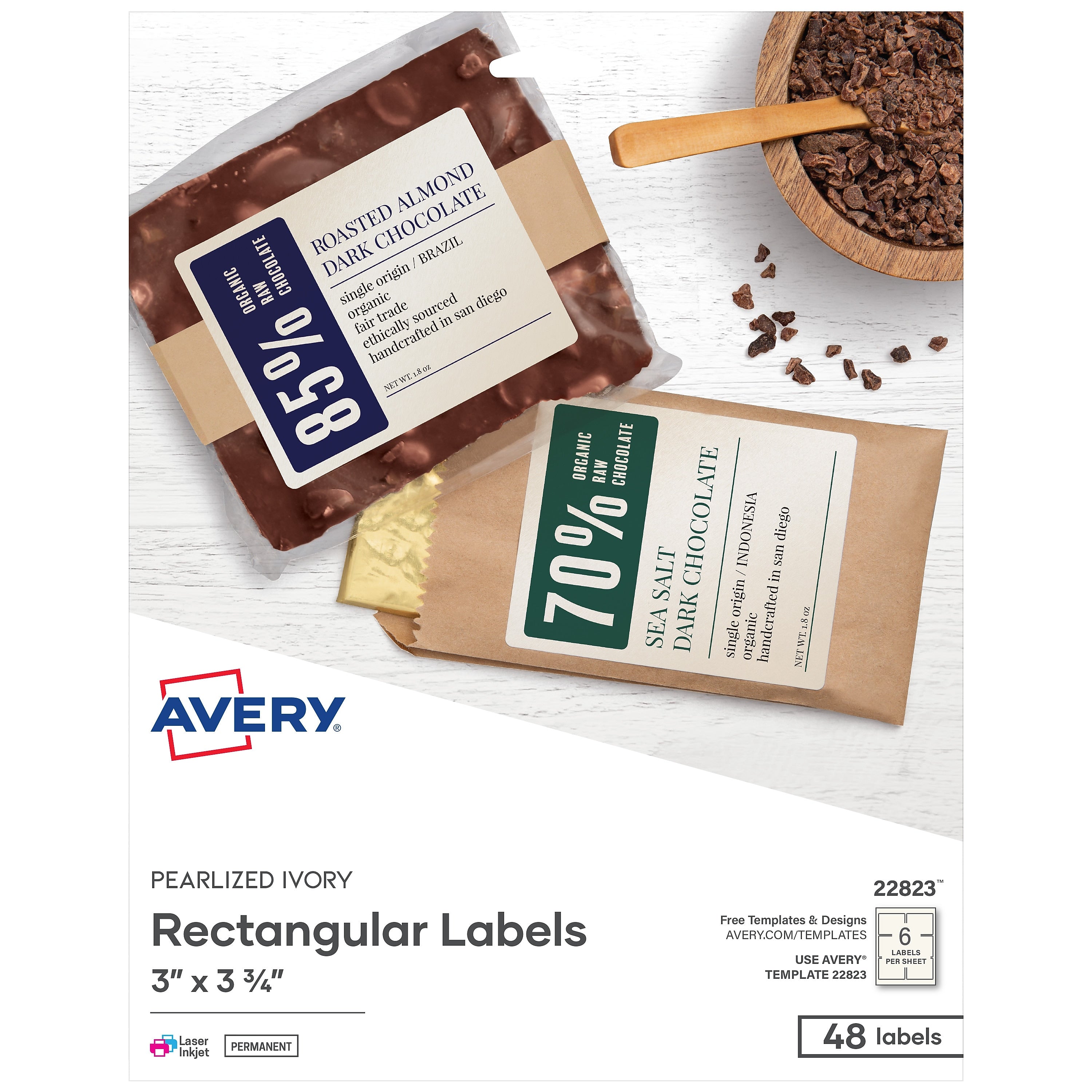 Avery Print-to-the-Edge Laser/Inkjet Rectangle Labels, 3" x 3 3/4", Pearlized Ivory, 48 Labels/Pack (22823)