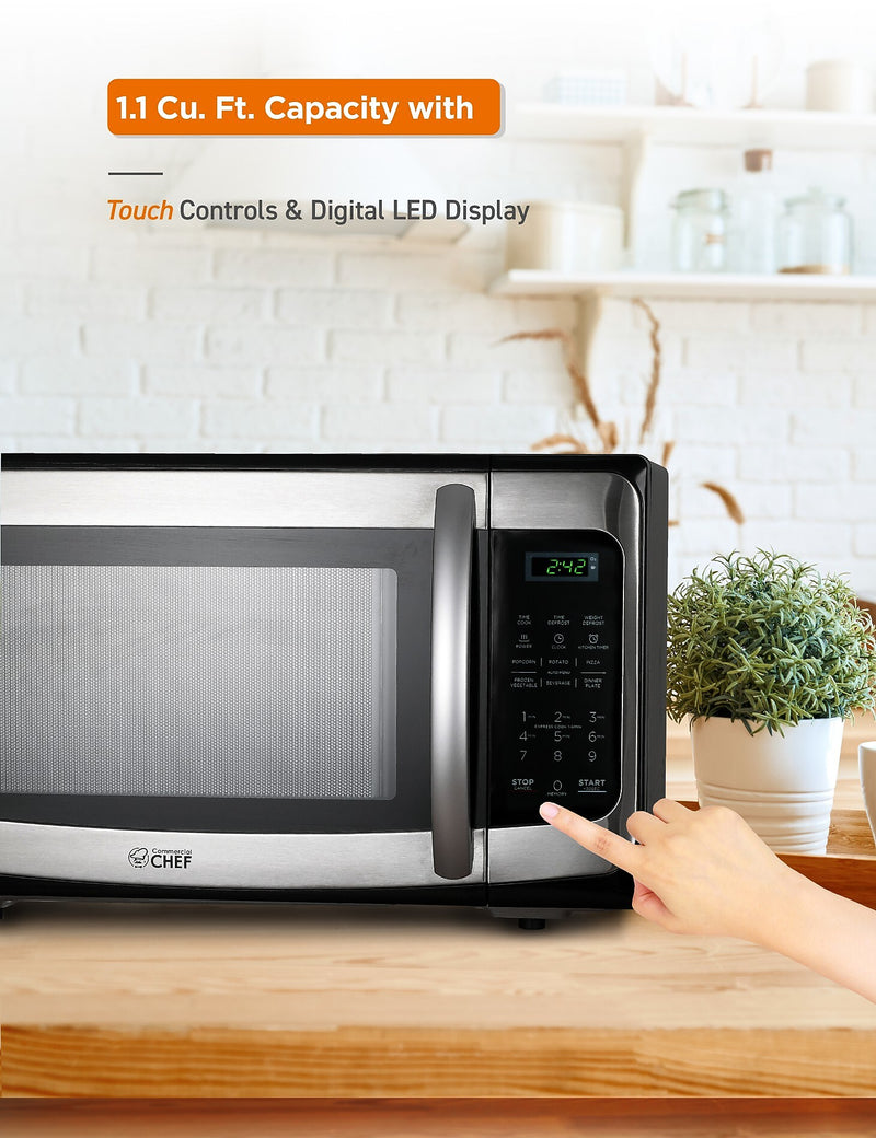 Commercial Chef 1.1 Cu. Ft. Countertop Microwave, Black with Stainless Steel (CHM11MS)