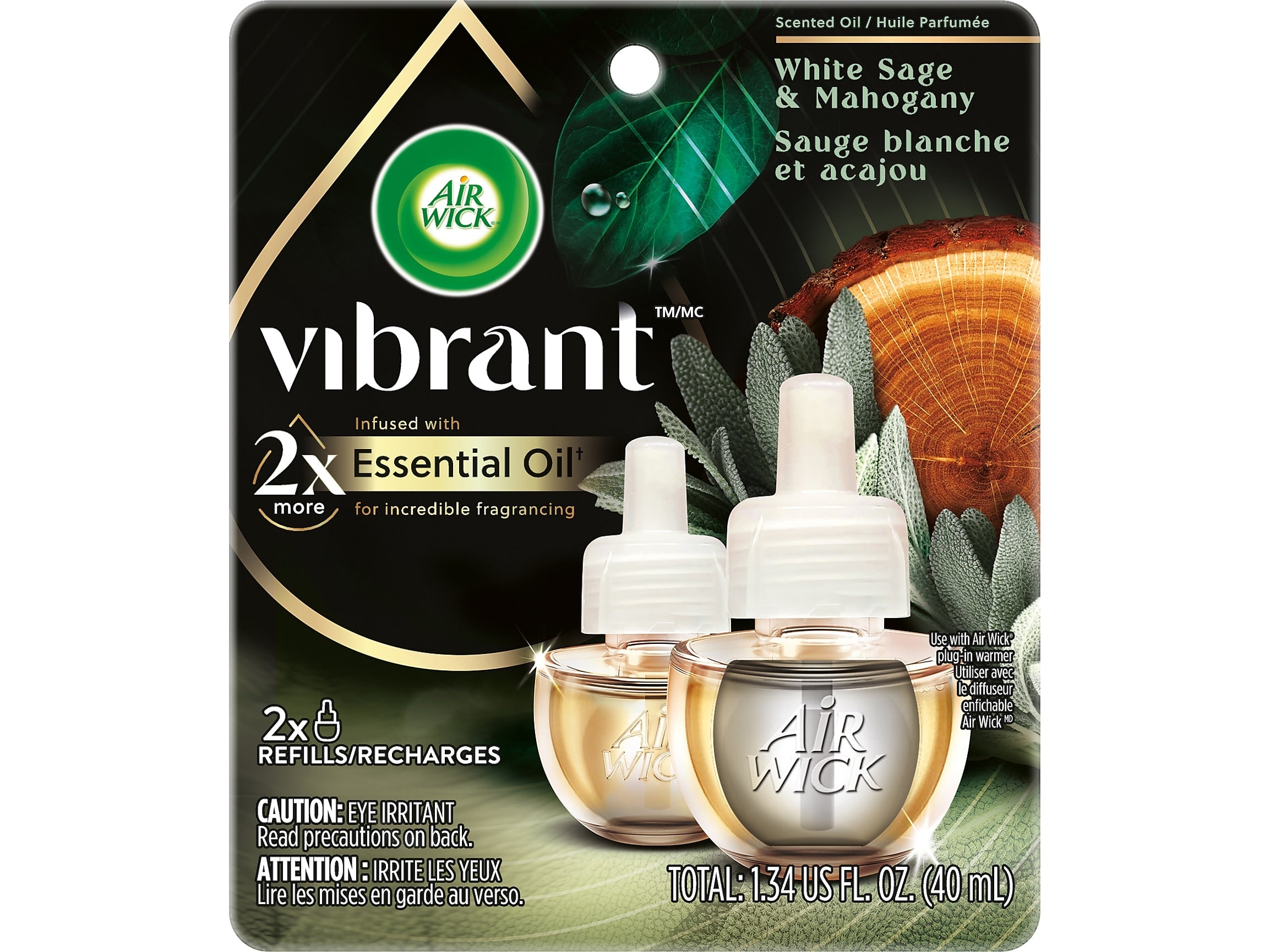Air Wick Vibrant Scented Oil Warmer Refill, White Sage & Mahogany, 0.67 Fl. Oz., 2/Pack (62338-03137)
