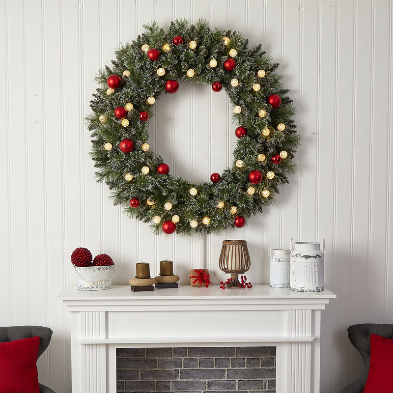 Nearly Natural 4-ft Oversized Pre-Lit Frosted Holiday Christmas Wreath with Ornaments and 40 LED Globe Lights (W1275)