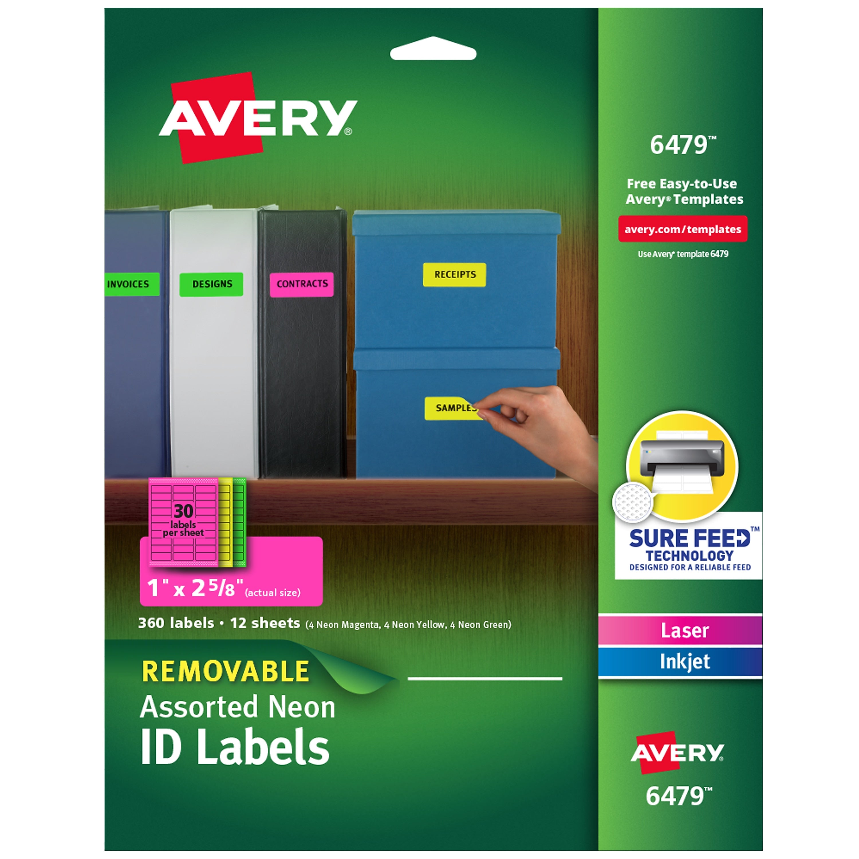 Avery Sure Feed Laser/Inkjet ID Labels, 1" x 2-5/8", Assorted Neon, 360 Labels/Pack (6479)