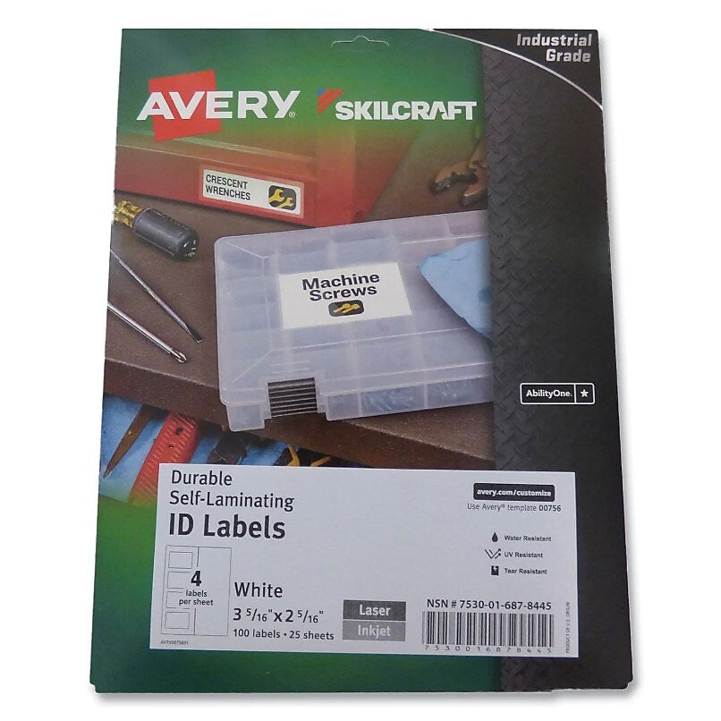 AbilityOne SKILCRAFT/AVERY Durable Self-Laminating ID Labels, 2.31 x 3.31, White, 4/Sheets, 25 Sheets/Pack (NSN6878445)