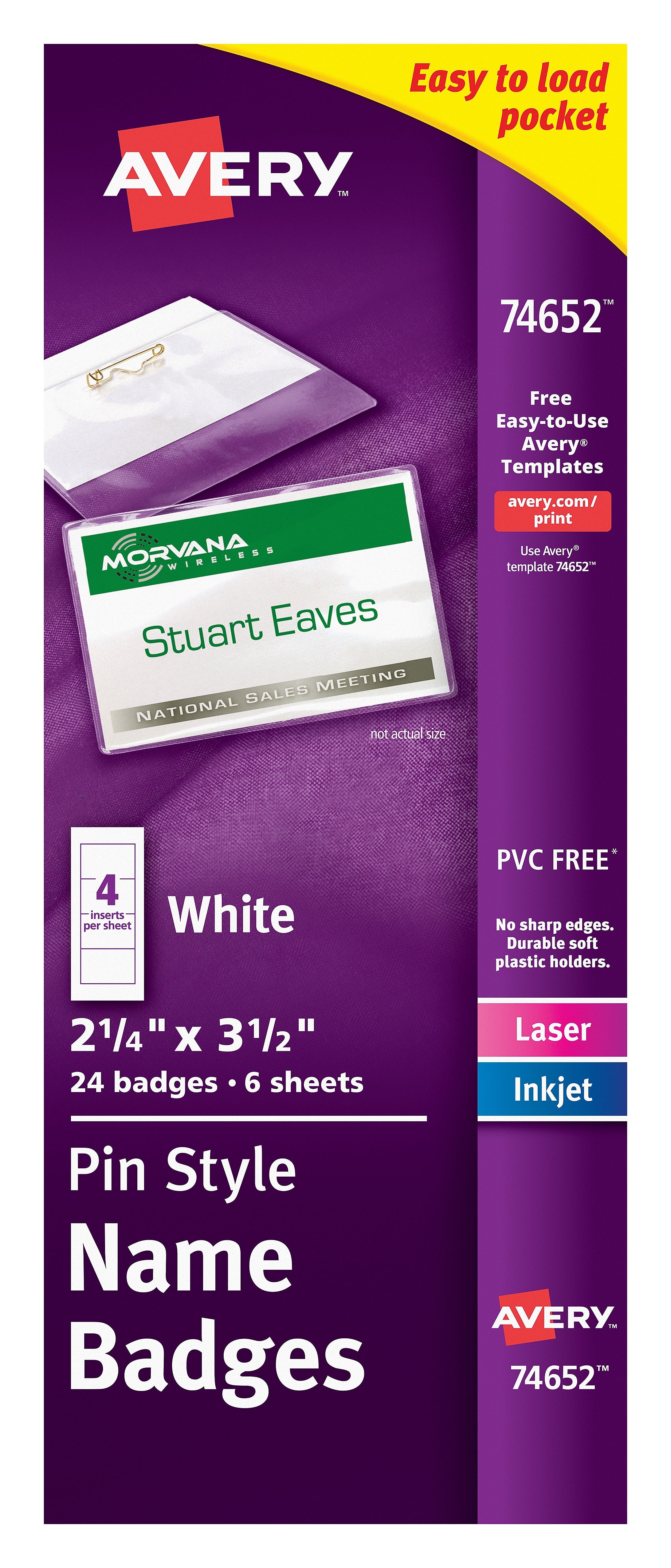 Avery Pin Style Laser/Inkjet Name Badge Kit, 2 1/4" x 3 1/2", Clear Holders with White Inserts, 24/Pack (74652)