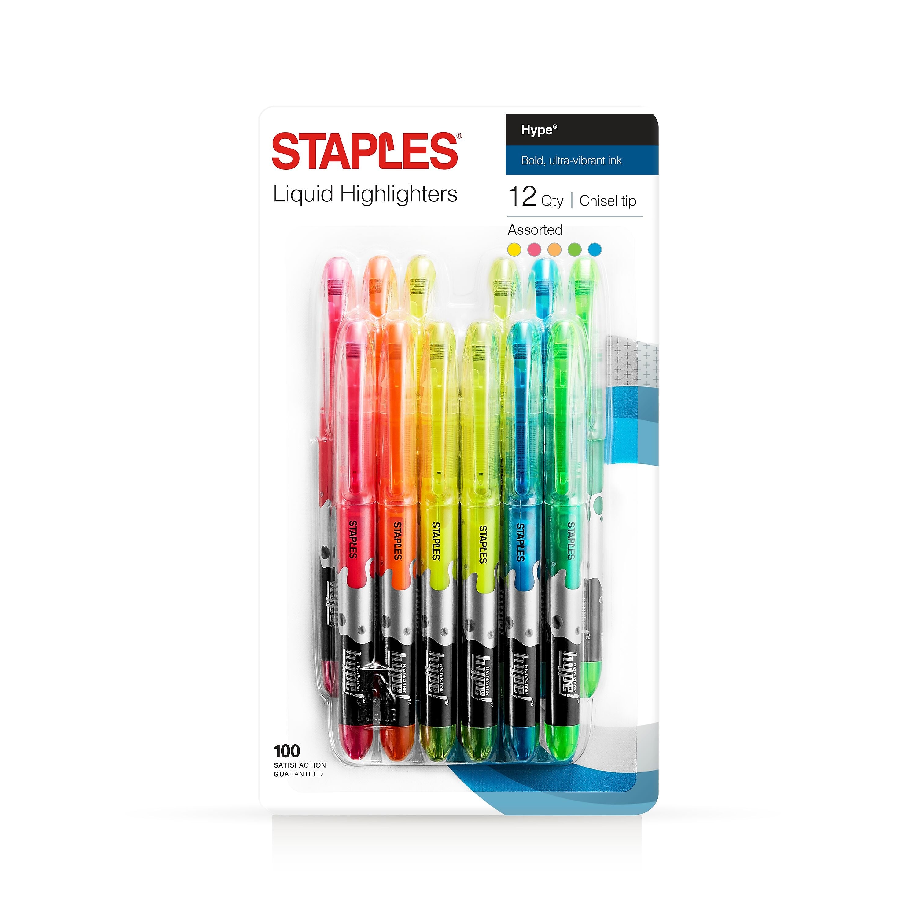 Staples Hype Stick Highlighters, Chisel Tip, Assorted, Dozen (14598)