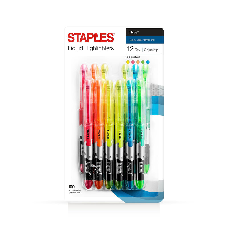Staples Hype Stick Highlighters, Chisel Tip, Assorted, Dozen (14598)