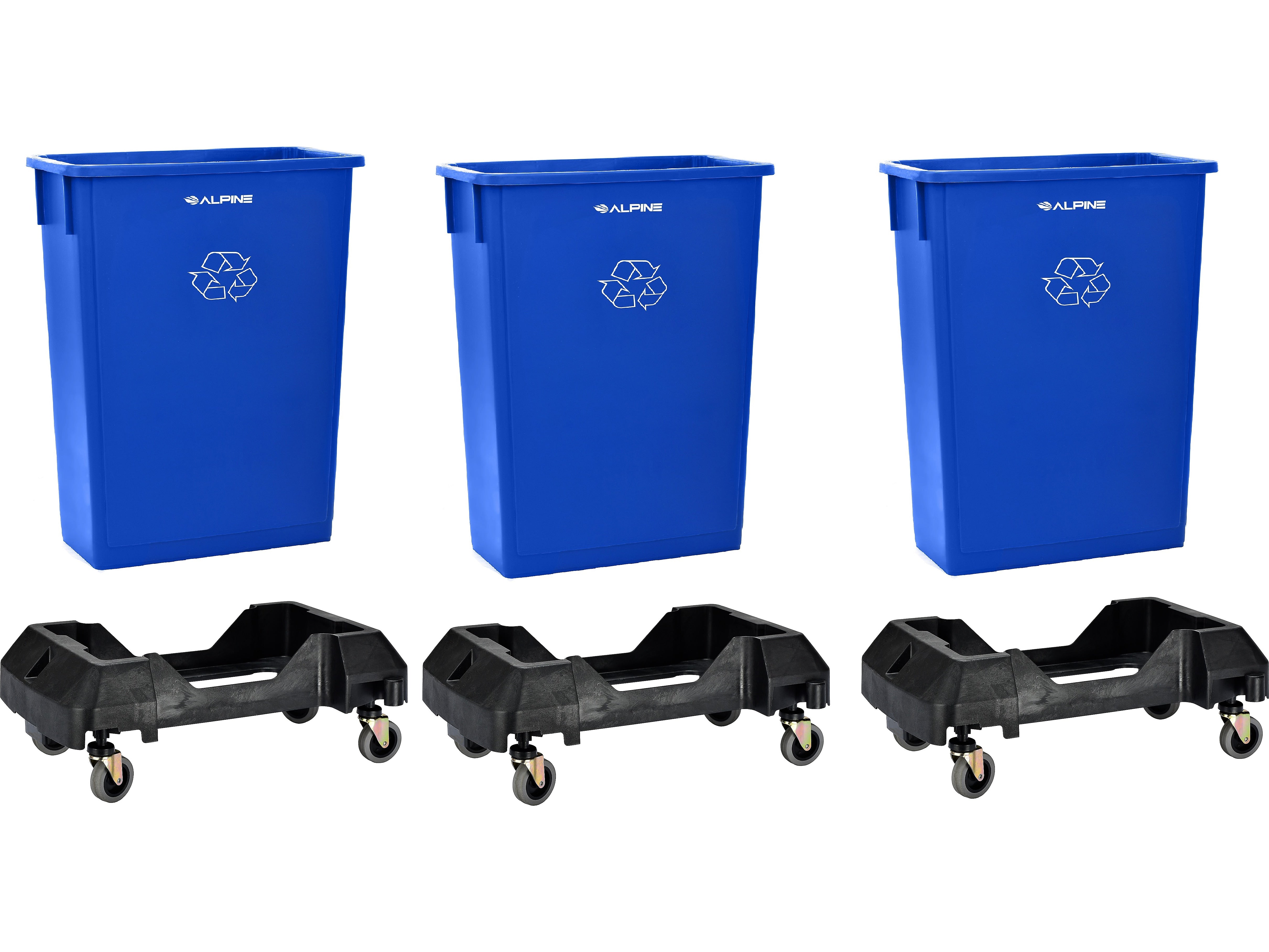 Alpine Industries Polypropylene Recycling Bin and Dolly, 69 Gallon, Blue, 3/Pack (ALP477-BLU-3PKD)