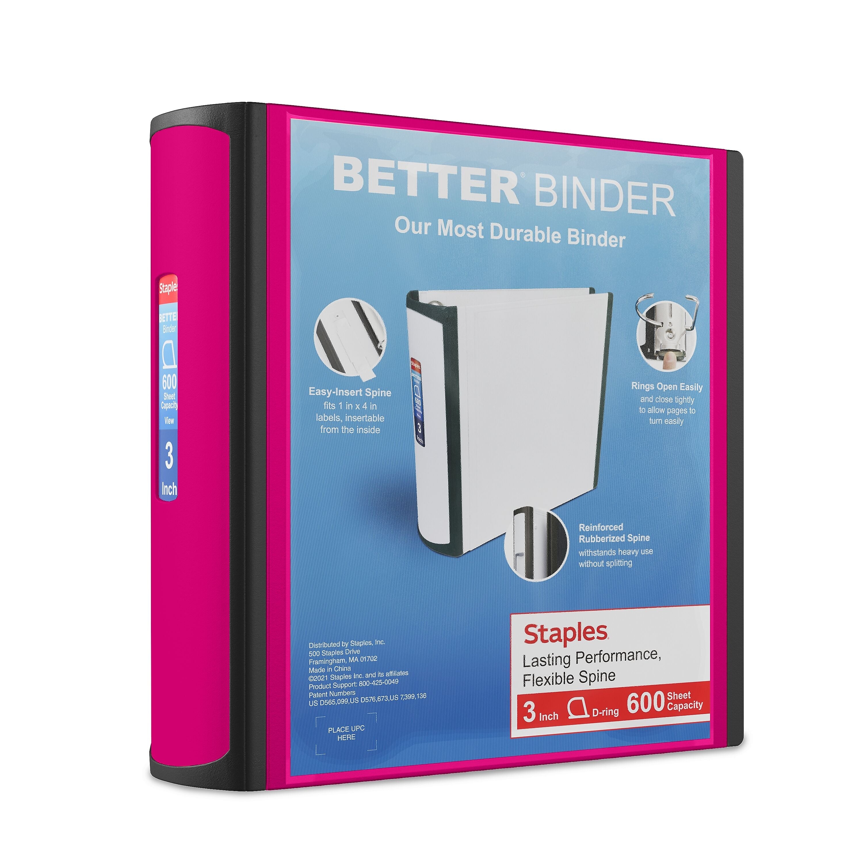Staples 3" 3-Ring Better Binder, D-Ring, Pink (ST55890-CC)