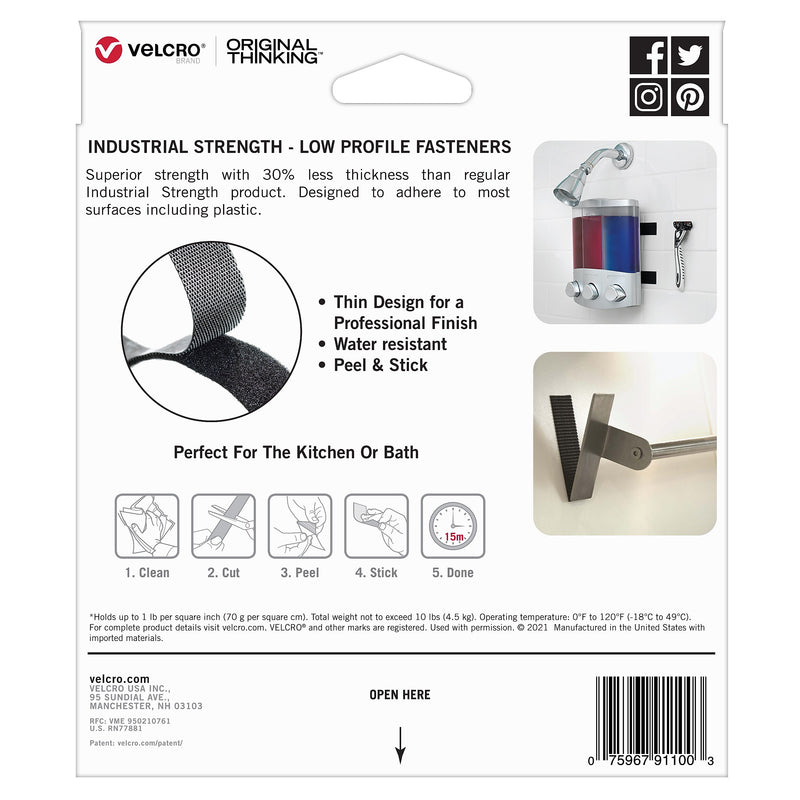 Velcro Industrial Strength Low Profile 10" x 1" Hook & Loop Fastener Strips, Black (91100)