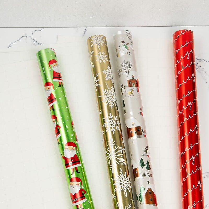 JAM Paper Christmas Wrapping Paper, 25 Sq. ft. x 30", Holographic Merry Christmas Set, 4/Pack (165H4MC)