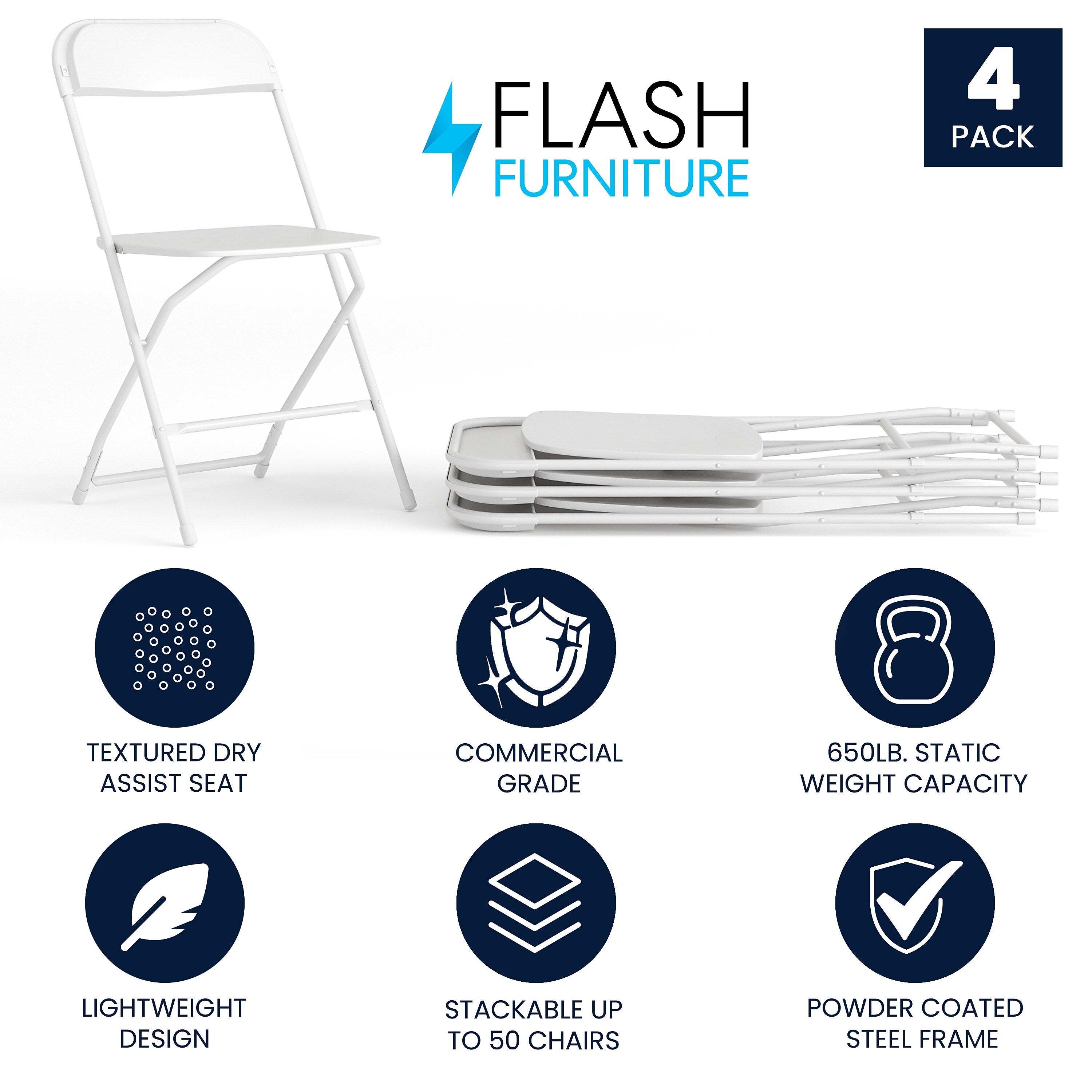 Flash Furniture HERCULES™ Plastic Armless Folding Chair, Premium White, 4/Pack