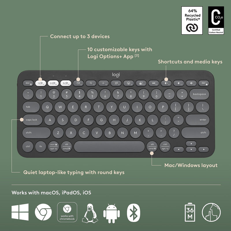 Logitech Pebble Keys 2 K380S Wireless Ergonomic Keyboard, Black (920-011775)