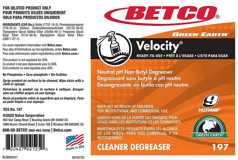 Betco Velocity Secondary Label, 24/Pack (1979090)
