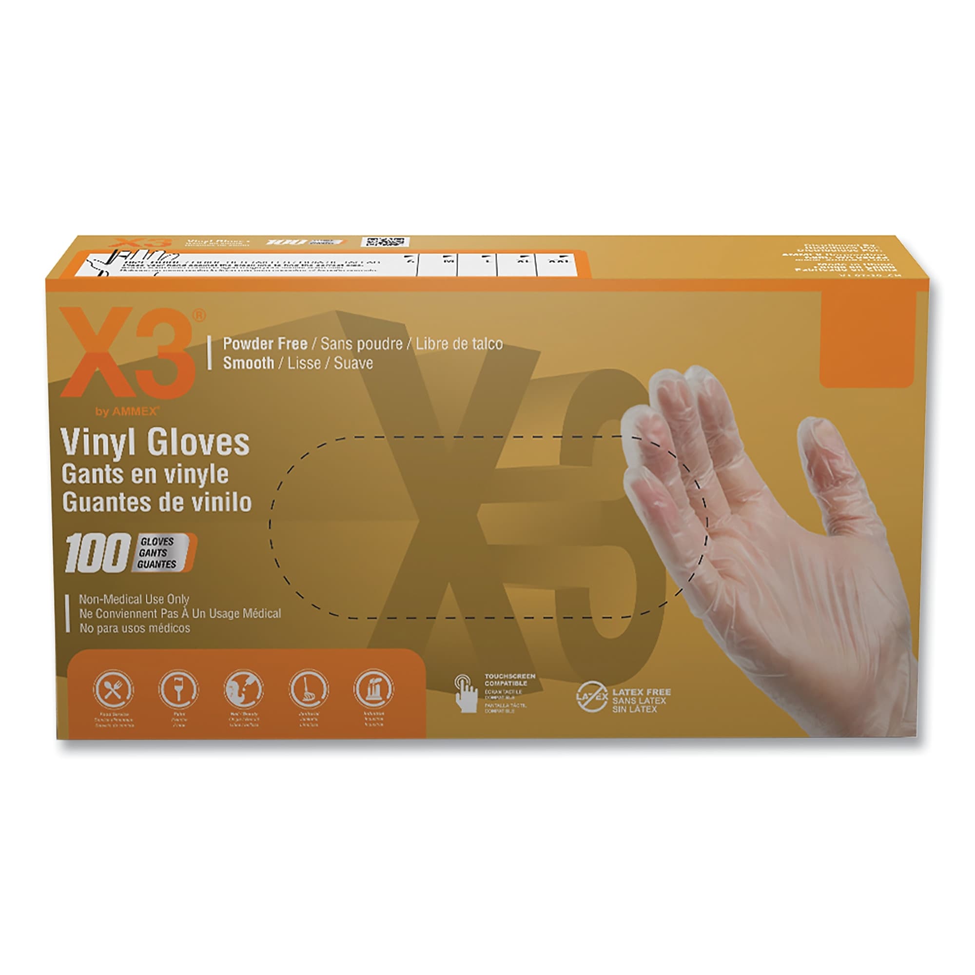 X3 by AMMEX Industrial Vinyl Gloves, Powder-Free, 3 mil, X-Large, Clear, 100/Box, 10 Boxes/Carton