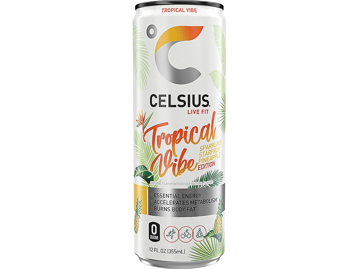 Celsius Sugar-Free Tropical Vibe Sparkling Energy Drink, 12 fl. oz., 12 Cans/Carton (02127)