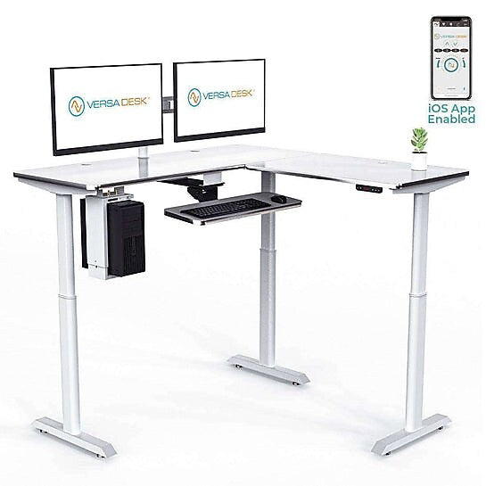 VersaDesk PowerLift 72"W Electric L-Shaped Adjustable Standing Desk, Black/White (PLLSD7260-WB-APP)
