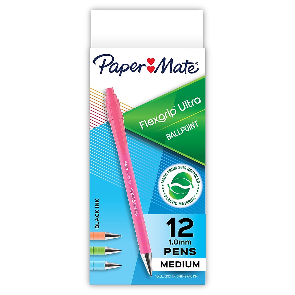 Paper Mate FlexGrip Ultra Retractable Ballpoint Pen, Medium Point, 1.0mm, Black Ink, Dozen (2204001)