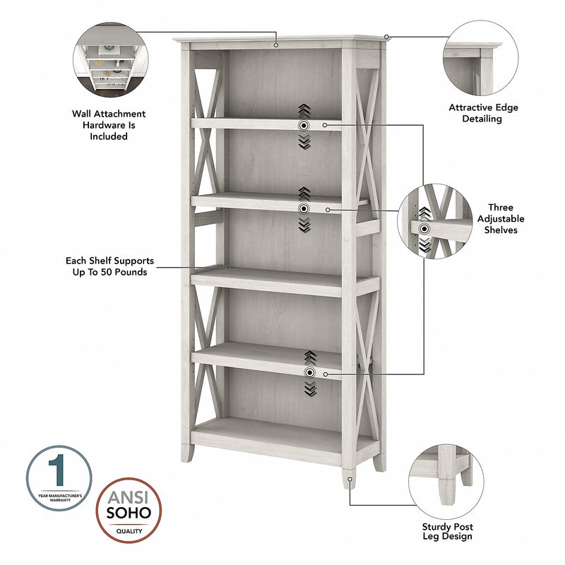 Bush Furniture Key West 66"H 5-Shelf Bookcase with Adjustable Shelves, Linen White Oak Laminated Wood (KWB132LW-03)