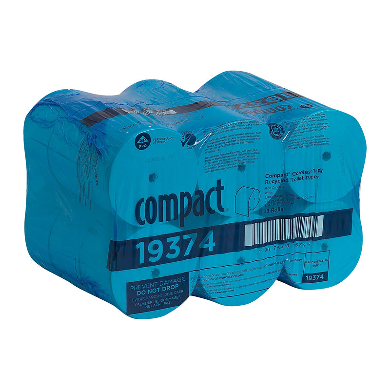 Compact Recycled 1-Ply Coreless Toilet Paper, White, 3000 Sheets/Roll, 18 Rolls/Carton (19374)