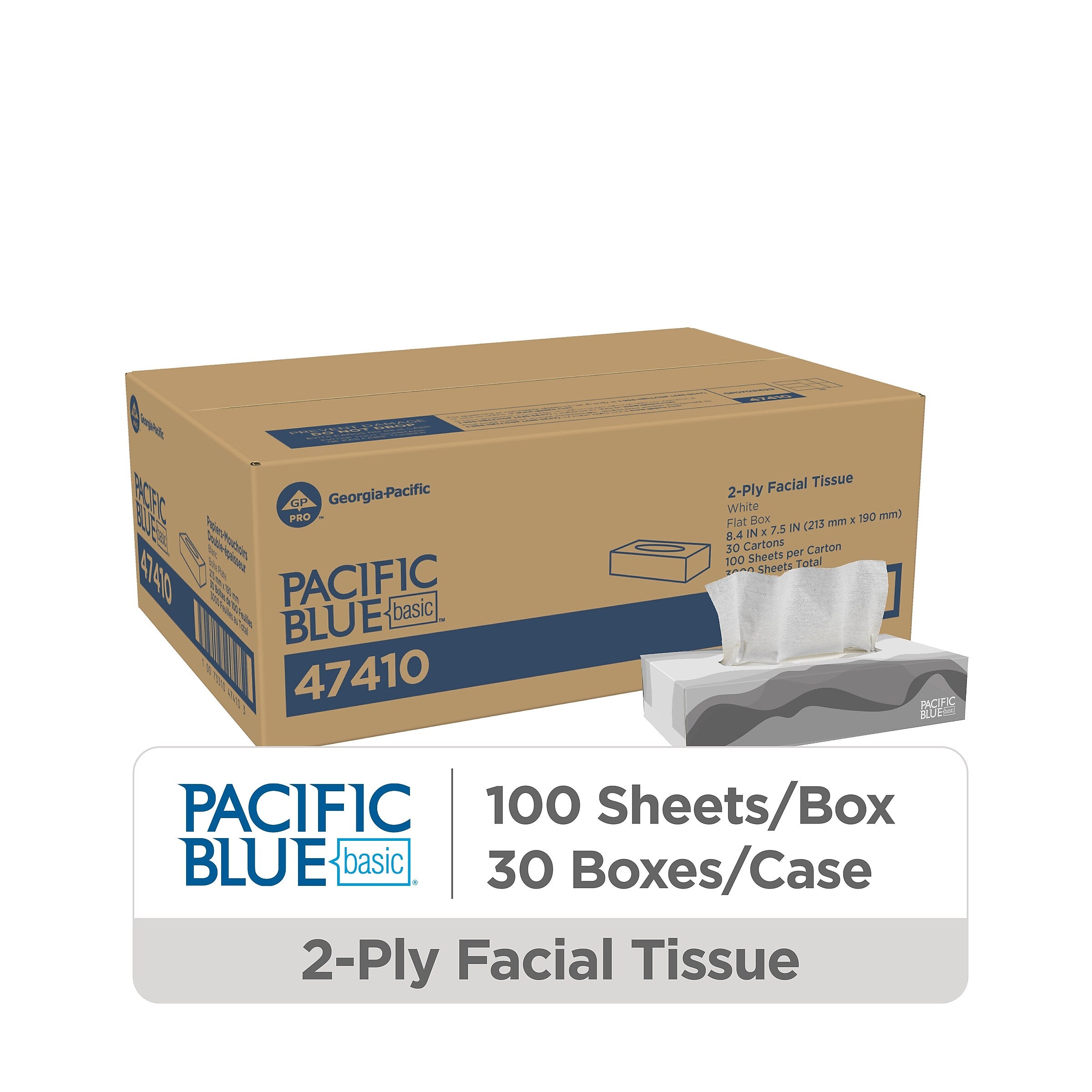 Pacific Blue Basic Facial Tissue, 2-ply, 100 Tissues/Box, 30 Boxes/Pack (47410)