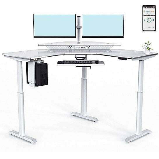 VersaDesk PowerLift 72"W Electric Corner Adjustable Standing Desk, White/Black (PLCSD7272-BW-APP)