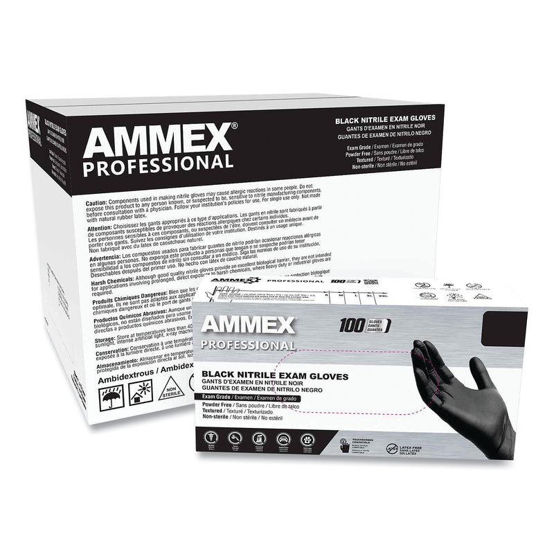 AMMEX Professional Nitrile Exam Gloves, Powder-Free, 3 mil, Large, Black, 100/Box, 10 Boxes/Carton