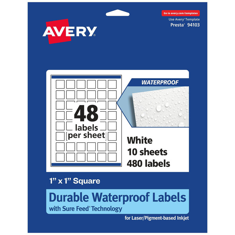 Avery Laser/Inkjet Square Durable Waterproof Labels, 1" x 1", White, 480 Labels/Pack (94103)