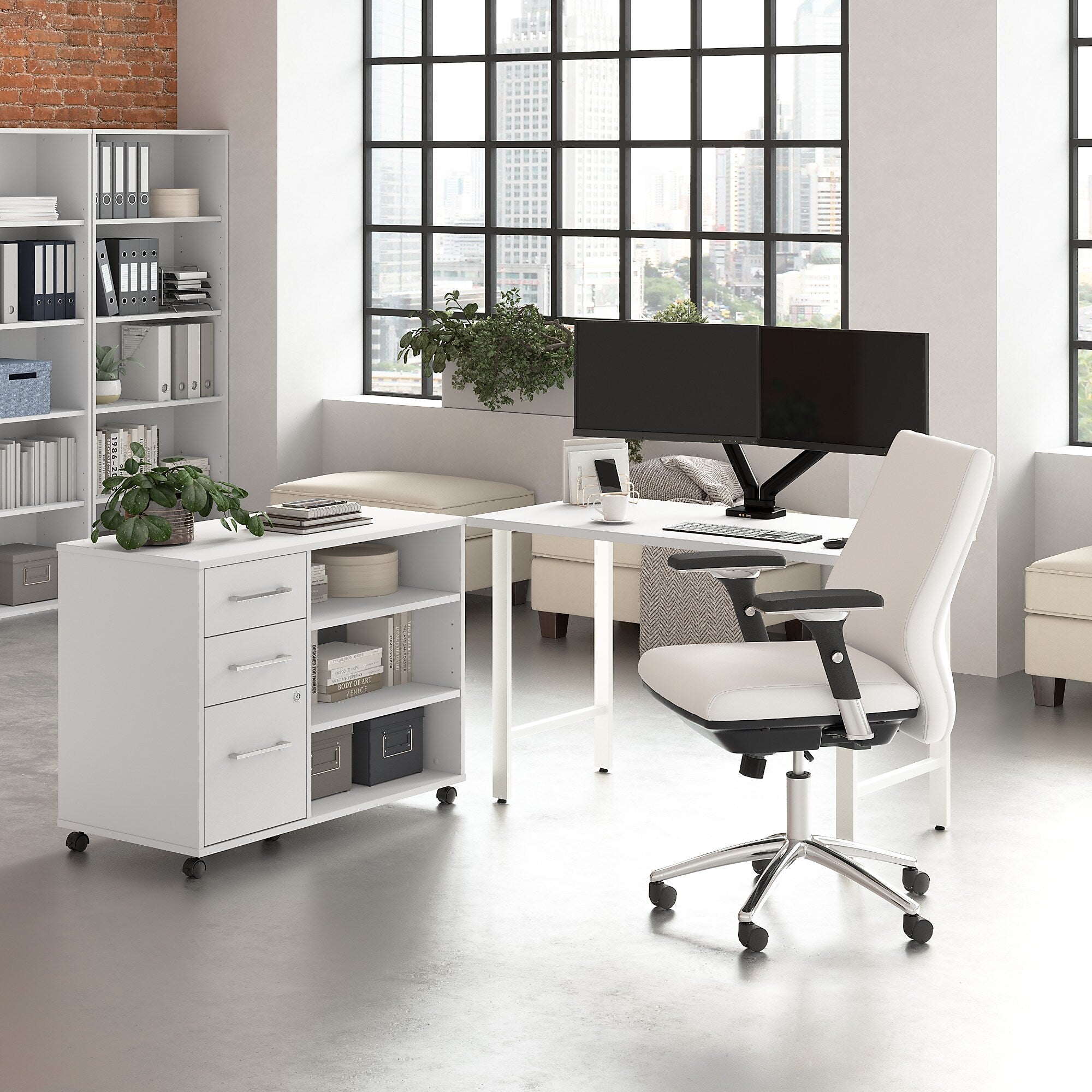 Bush Business Furniture Hustle 48"W Computer Desk and Storage Cabinet with Drawers and Shelves, White (HUS007WH)