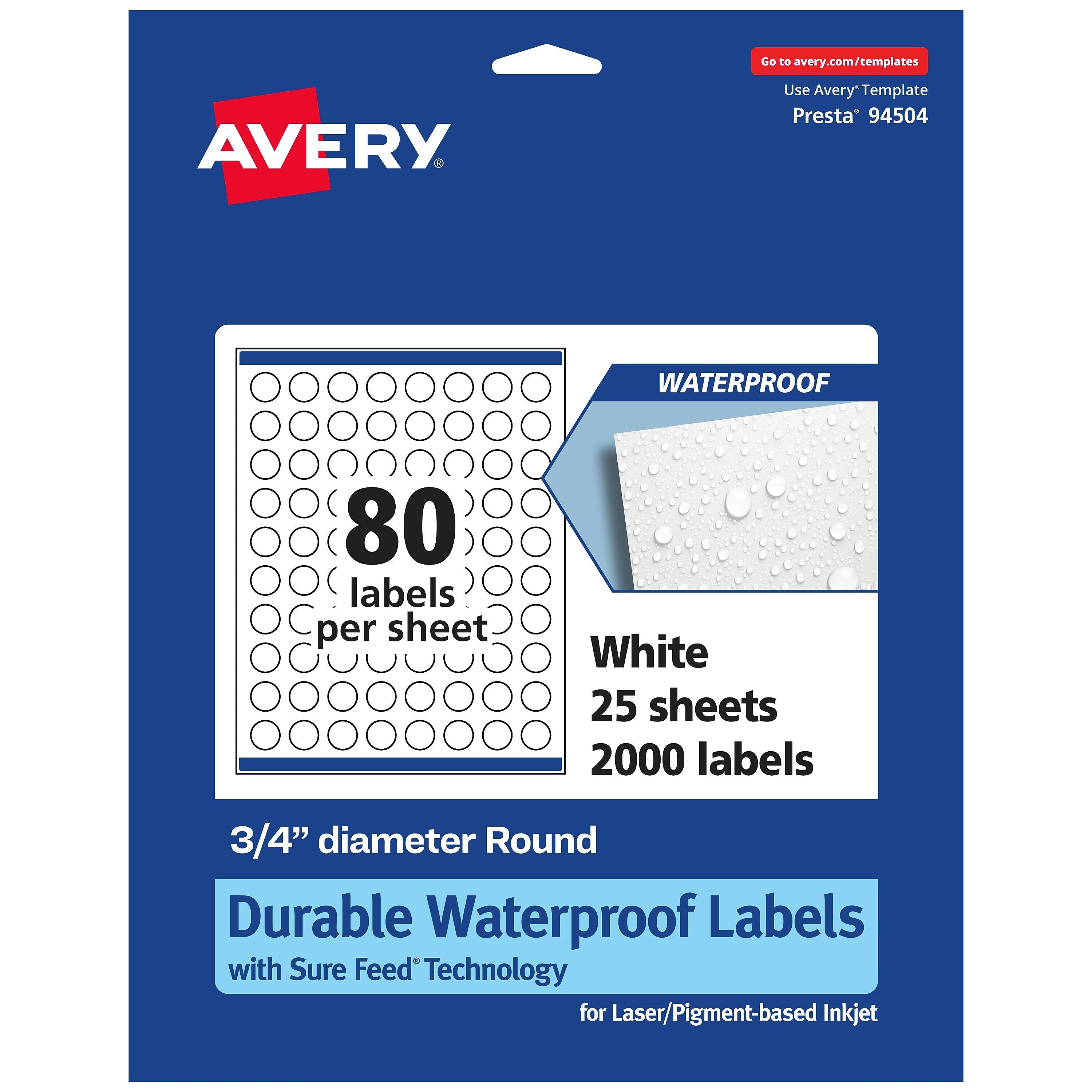 Avery Laser/Inkjet Round Multipurpose Labels, 0.75" Dia., 2,000 Labels/Pack (94504)